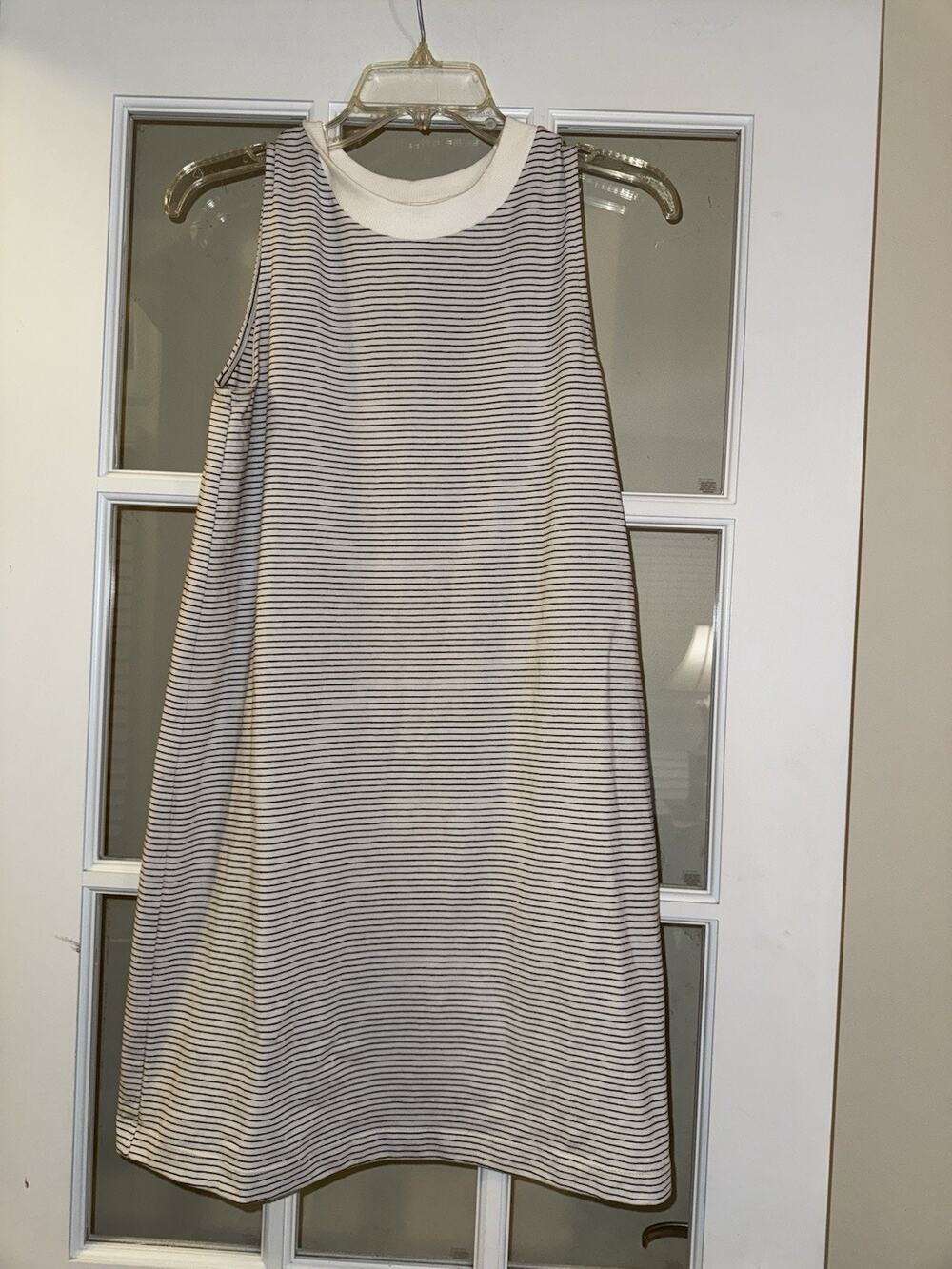 A New Day White Black Stripe Sleeveless Shirt Dress Parisian Classy Small Collar